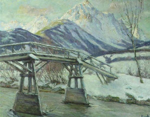 Bridge In A Winter Landscape Oil Painting by Edward Cucuel