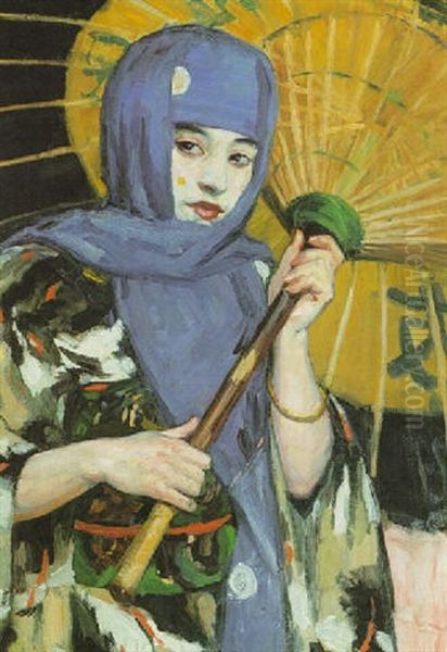 Asian Girl With Parasol Oil Painting by Edward Cucuel