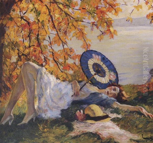 Woman Reclining By A Lake Oil Painting by Edward Cucuel