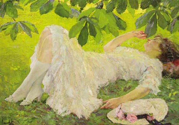 Reclining Woman In White Oil Painting by Edward Cucuel