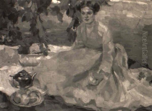 Dame Beim Picknick Im Grunen Oil Painting by Edward Cucuel