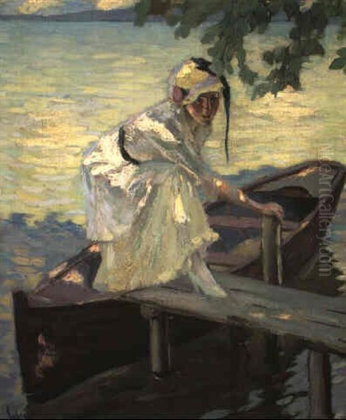 Dame Am Bootssteg Oil Painting by Edward Cucuel