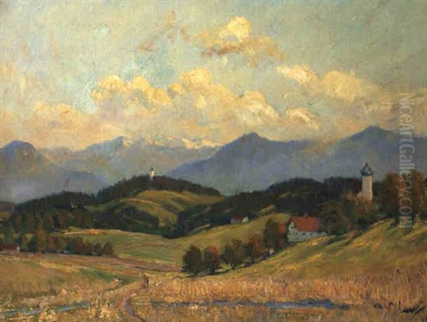 Voralpenlandschaft Mit Blick Auf Den Karwendel Oil Painting by Edward Cucuel