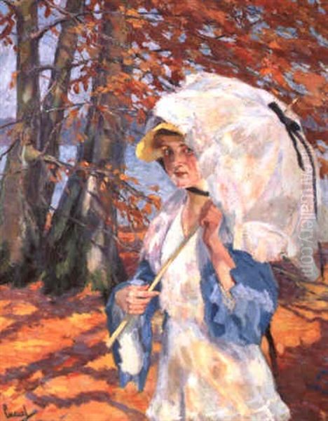 Dame Mit Schirm Am Herbstlichen Ufer Eines Sees Oil Painting by Edward Cucuel