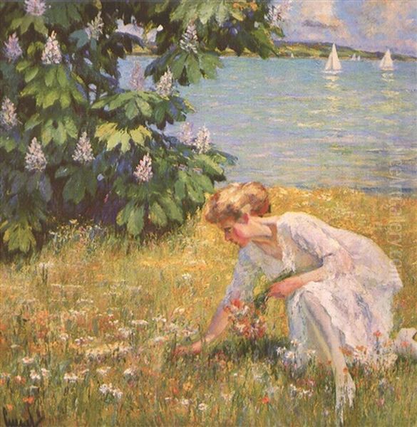 Woman Picking Flowers Oil Painting by Edward Cucuel