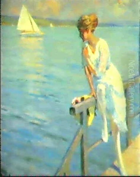 Auf Brucke. Oil Painting by Edward Cucuel