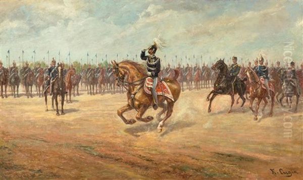 Vittorio Emmanuele With His Cavalry Men Oil Painting by Efisio Cugia