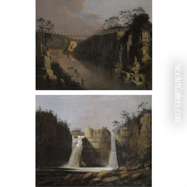 High Force On The River Tees (+ Winch Bridge On The River Tees)(pair) Oil Painting by George Cuitt the Elder