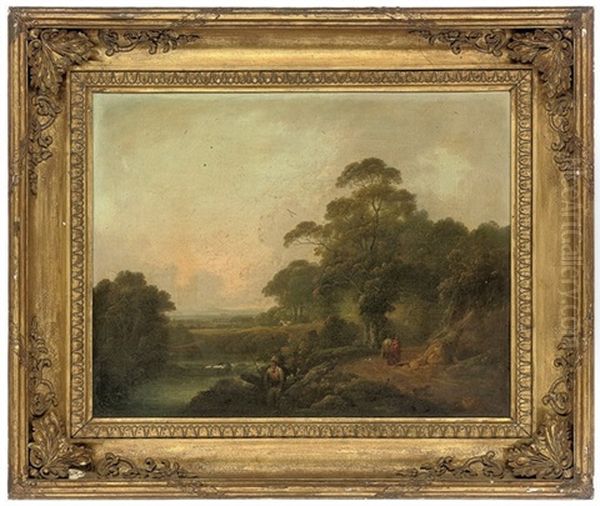 An Angler On A River Bank (+ Travellers Before A Stream, An Extensive Landscape Beyond; Pair) Oil Painting by George Cuitt the Elder