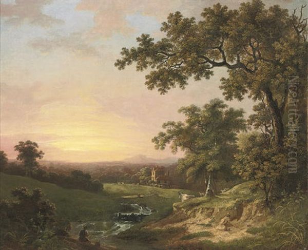 A Wooded River Landscape At Dusk, With An Angler In The Foreground And A Cottage Beyond Oil Painting by George Cuitt the Elder