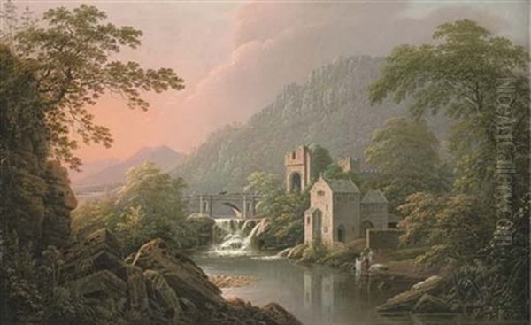 A River Landscape, Probably The Banks Of The River Swale, North Yorkshire, With A Castle By A Weir And Washerwomen By A Boat House Oil Painting by George Cuitt the Elder