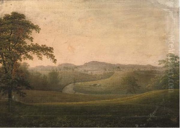 An Extensive River Landscape (looking Towards Marsh Edge, Richmond, Yorkshire?) Oil Painting by George Cuitt the Elder