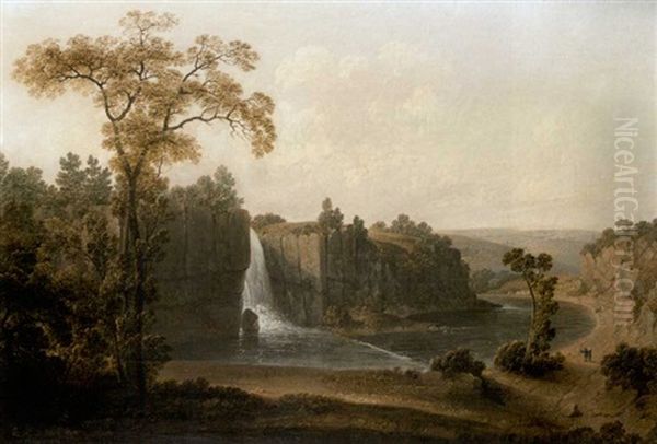 A Yorkshire River Landscape With A Waterfall Oil Painting by George Cuitt the Elder