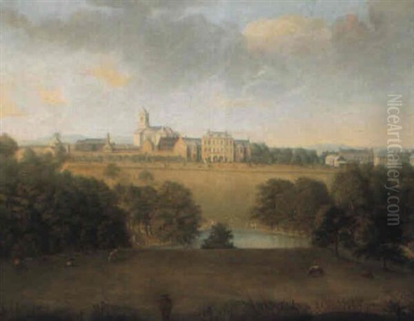 View Of House And Church In A Park, With Lake And Sheep In Foreground Oil Painting by George Cuitt the Elder