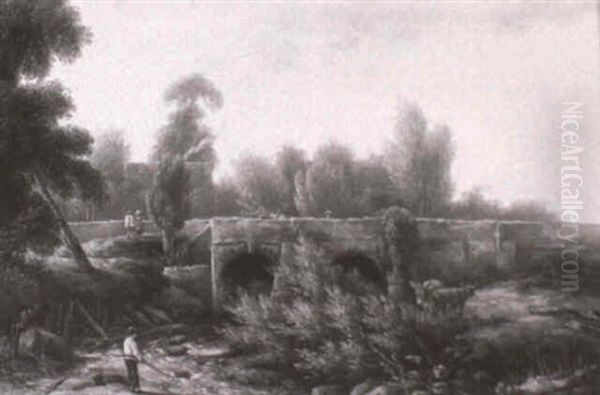 A Young Boy Fishing In A River Landscape By A Bridge Oil Painting by George Cuitt the Younger