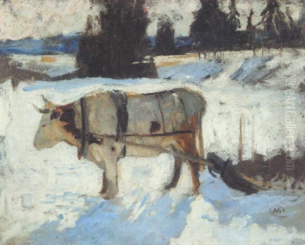 Ox In Snow Oil Painting by Maurice Galbraith Cullen