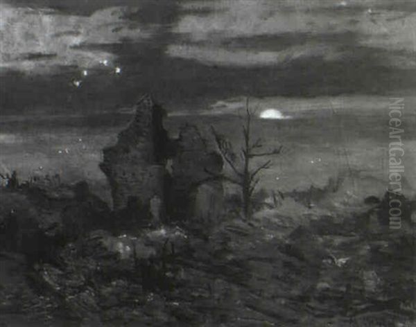 World War 1 Night Battle Scene Oil Painting by Maurice Galbraith Cullen