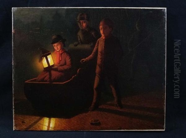 Genre, Children, Lantern, Sleigh Oil Painting by Johann Mongels Culverhouse