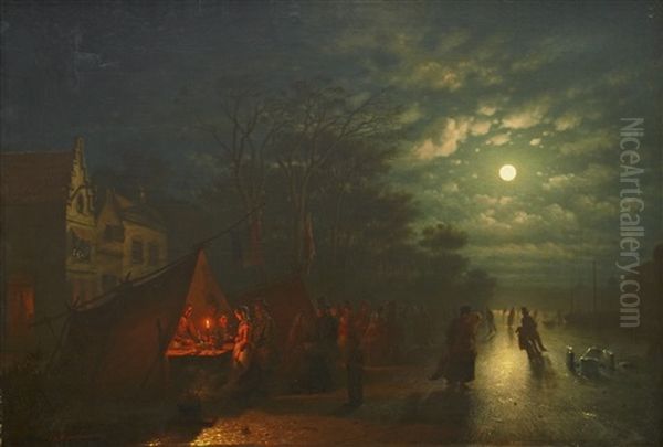 Evening With Skaters And A Crowd Oil Painting by Johann Mongels Culverhouse