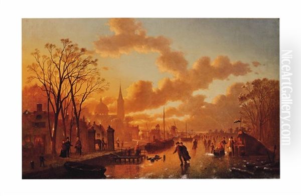 Ice Skating At Sunset Oil Painting by Johann Mongels Culverhouse