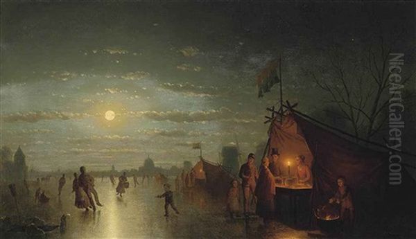 Skaters Before A Riverside Town Oil Painting by Johann Mongels Culverhouse