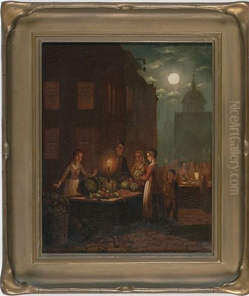 A Moonlit City Market With Figures Buying Fruit And Vegetables At A Candlelit Table Oil Painting by Johann Mongels Culverhouse