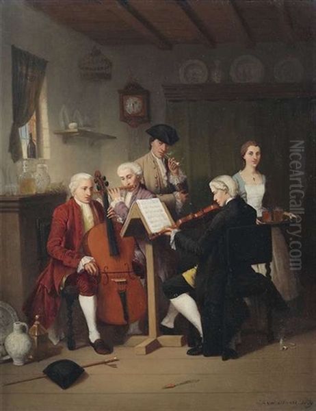 Musizierendes Trio Im Stubeninterieur, Dem Ein Herr Und Eine Dienstmagd Lauschen Oil Painting by Johann Mongels Culverhouse