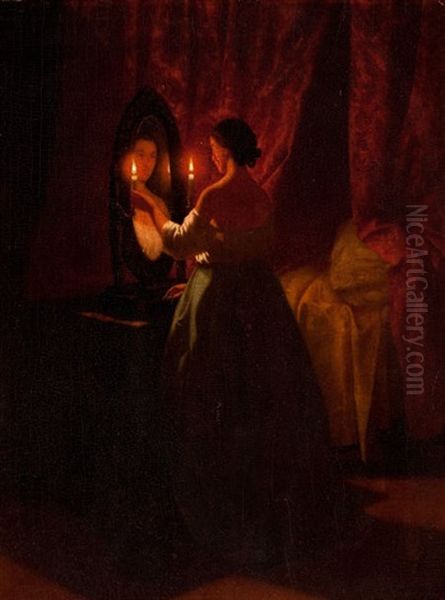 Woman At A Mirror Oil Painting by Johann Mongels Culverhouse