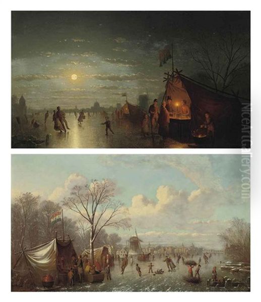 Selling Refreshments On The Ice (+ Skaters Before A Riverside Town; Pair) Oil Painting by Johann Mongels Culverhouse