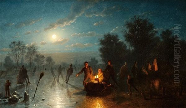 Nighttime Winter Landscape With Skaters And A Koek En Zopie Oil Painting by Johann Mongels Culverhouse