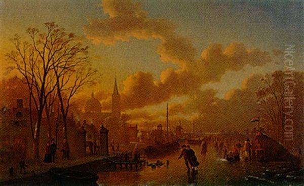 Ice Skating In The Sunset Oil Painting by Johann Mongels Culverhouse