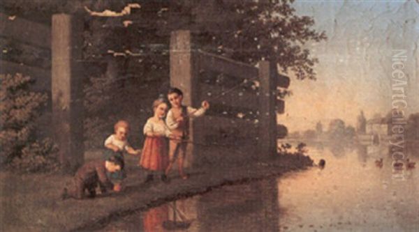 Children Playing By A River Oil Painting by Johann Mongels Culverhouse