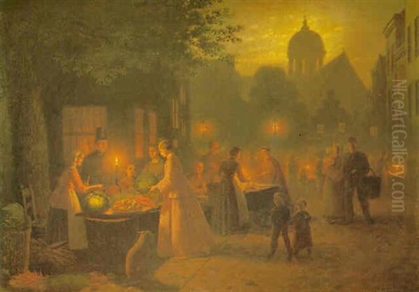 Figures In A Market By Night Oil Painting by Johann Mongels Culverhouse