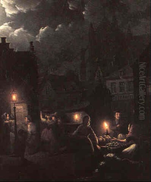 Dutch Market Scene With Figures By Candlelight Oil Painting by Johann Mongels Culverhouse