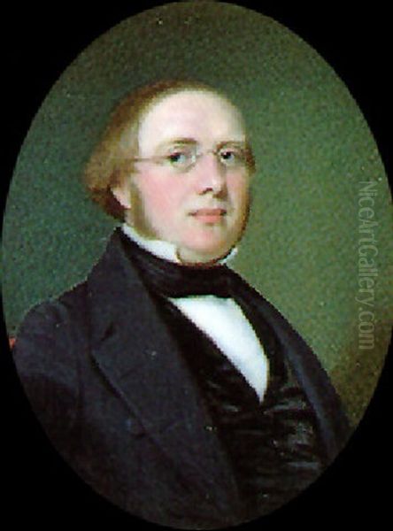 A Gentleman, Wearing Spectacles, Black Coat And Matching Waistcoat, Seated In A Red Upholstered Chair Oil Painting by Thomas Seir Cummings