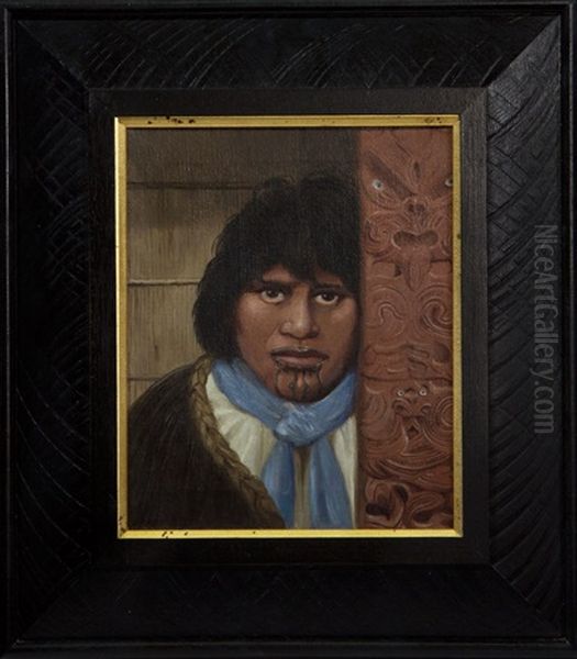 Portrait Of A Maori Woman Before A Carved Panel Oil Painting by Vera Cummings