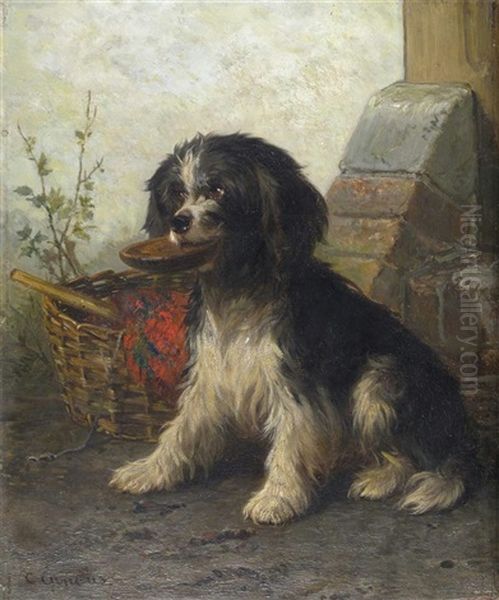 A Black And White Terrier By A Basket Oil Painting by Conradyn Cunaeus