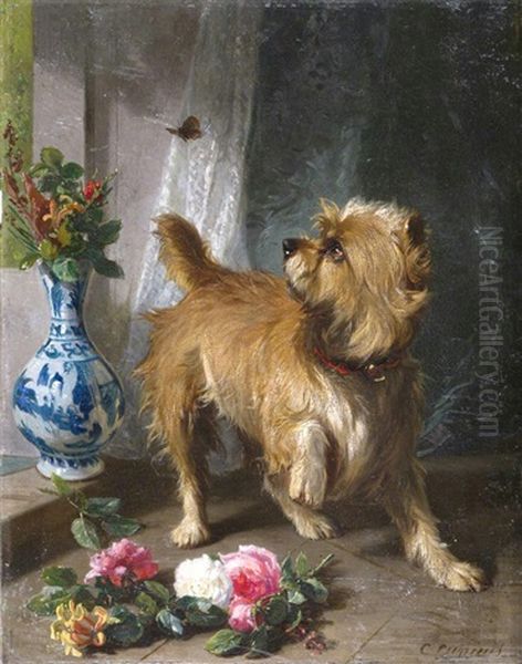 A Norwich Terrier Chasing A Butterfly Oil Painting by Conradyn Cunaeus