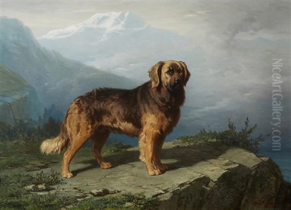 A Leonberger In An Alpine Setting Oil Painting by Conradyn Cunaeus