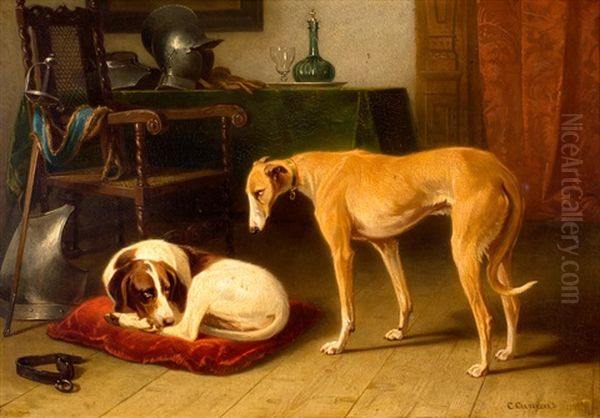 Twee Treurende Honden Bij Het Harnas Van Hun Overleden Meester Oil Painting by Conradyn Cunaeus