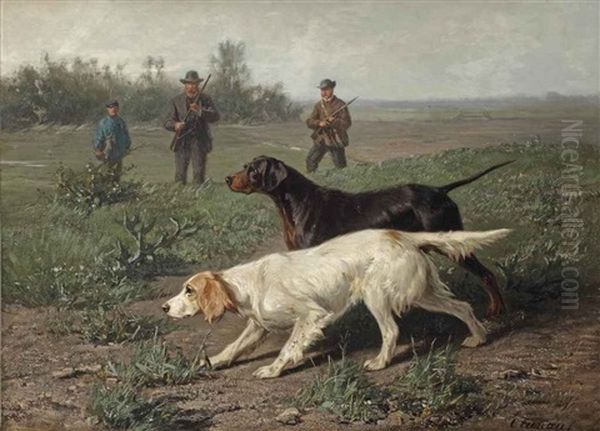 Staande Honden: Two Setters Picking Up A Scent Trail Oil Painting by Conradyn Cunaeus