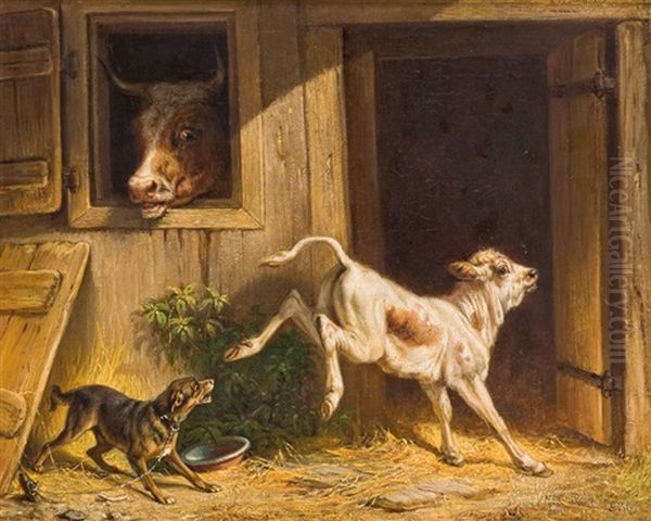 Bockiges Kalb Mit Hofhund Oil Painting by Conradyn Cunaeus