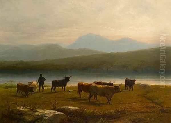 In The Highlands Of Scotland (+ A Morning In The Highlands Of Scotland; Pair) Oil Painting by Conradyn Cunaeus