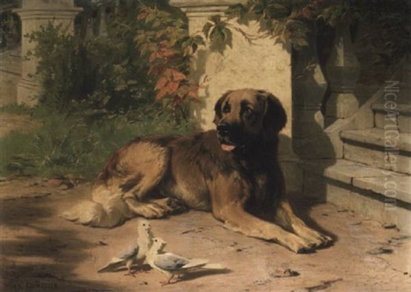 A Leonberger By The Steps Of A Country House Oil Painting by Conradyn Cunaeus