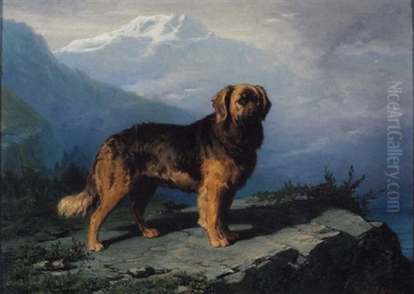 Leonberger Atop A Mountain Oil Painting by Conradyn Cunaeus