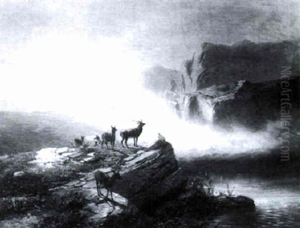 A Rocky Landscape With Deer By A Stream Oil Painting by Conradyn Cunaeus