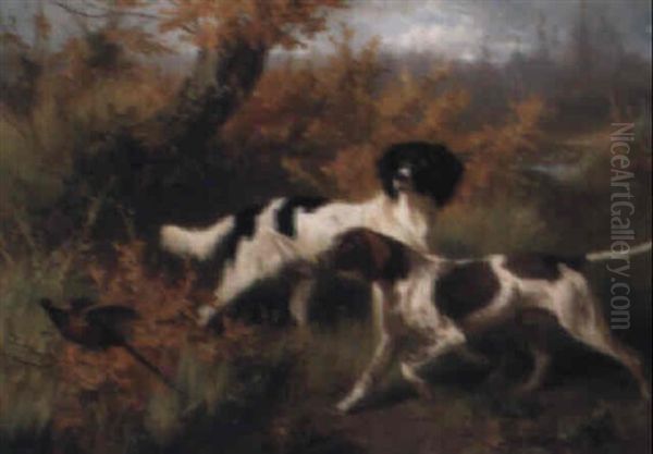 Two Spaniels Putting A Pheasant Oil Painting by Conradyn Cunaeus