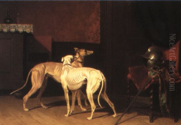 Greyhounds In An Interior Oil Painting by Conradyn Cunaeus