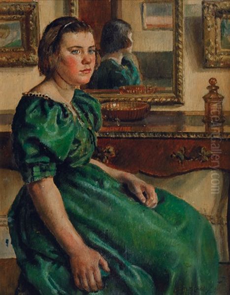 Girl In A Green Gown Oil Painting by Nora Lucy Mowbray Cundell