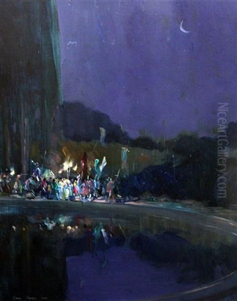 A Night Time Festival Procession Beside A Lake Oil Painting by Cyrus Cincinatto Cuneo